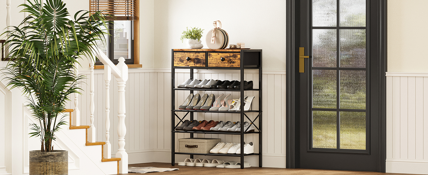 5 Tier Shoe Rack for Entryway, Shoe Storage Organizer with 2 Drawers, Metal Shoe Shelf