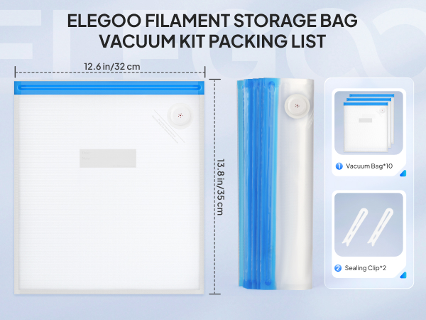 ELEGOO FILAMENT STORAGE BAG VACUUM KIT PACKING LIST