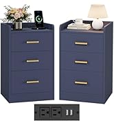 FOTOSOK Nightstands Set of 2 with Charging Station, 3 Drawer Nightstand with Gold Handles, Blue N...