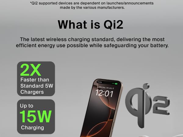 Image of belkin watch phone and earbud charger with text reading what is qi2.