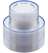 BESTSTAR 200PCS Blue and Clear Plastic Plates, Blue Disposable Plate Set with 100 Dinner Plate an...