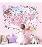 decalmile 3D Fairy Princess Wall Decals Castle Unicorn Crack Hole Rainbow Wall Stickers Girls Bed...