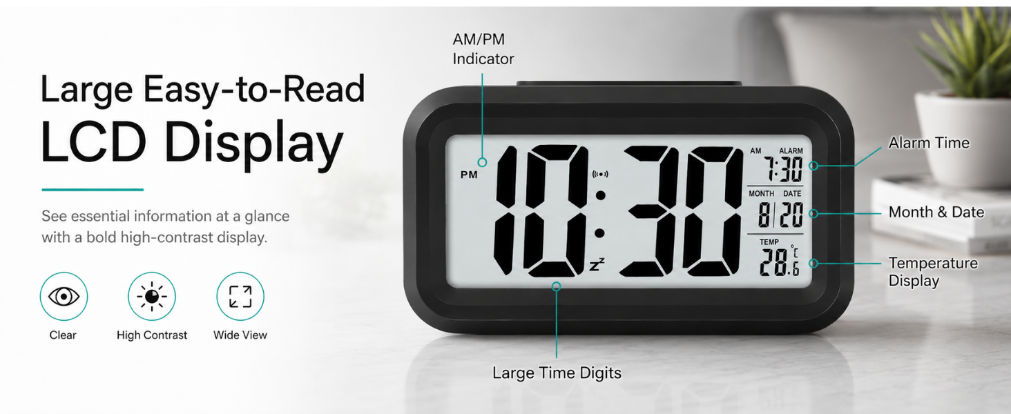 digital alarm clock, digital table clock, LED alarm clock, LCD alarm clock, alarm clock, SPN-RECPP