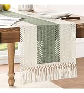 ZeeMart Macrame Style Bicolor Stitching Table Runner, 14 x 72 Inch Green/Ivory, Boho Sage Green T...