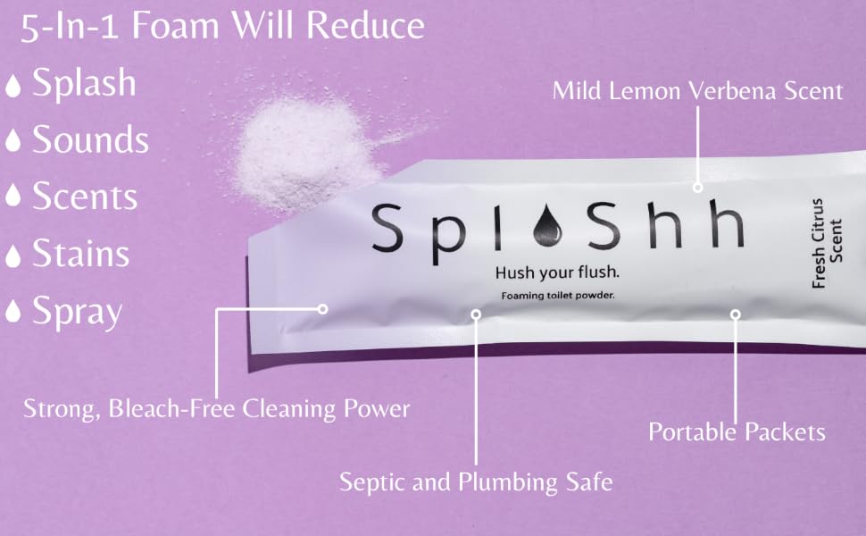splash foaming toilet powder packets benefits purple background showing 5 in 1 benefits