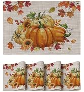 Artoid Mode Pumpkins Maple Leaves Fall Vinyl Placemats Set of 4, Wipeable Colorful Printing PVC P...