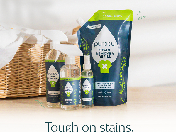 Puracy Stain Remover Refill and spray bottles. Tough on stains, safe on fabrics laundry spray.