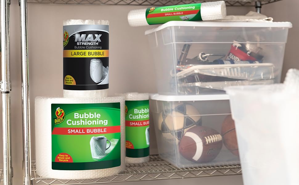Wire shelving with three rolls of Duck Brand Bubble Cushioning Wrap and storage totes