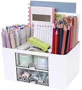 Meiikun Plastic Pen Organizer, Multifunctional Desk Organizer with 2 Drawers, 4 Compartments & a ...