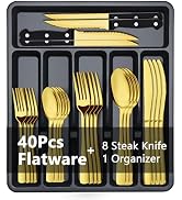 BEWOS 49-Piece Gold Silverware Set with Organizer - Stainless Steel Silverware Set for 8 with Dra...