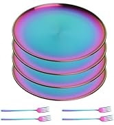 JYJFGSFA Rainbow Stainless Steel Dinner Plates Set with Fork, Set of 8, Colorful Metal Dessert Sa...