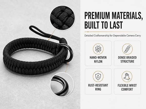 Black hand-woven nylon camera wrist strap with dense braid flexible comfort and rust-resistant ring
