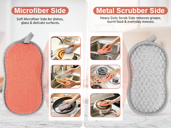 Multi-Purpose Dish Sponges Kitchen Dual-Sided Scrub Sponges Non Scratch Microfiber & Metal Scrubber