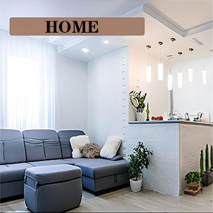 Modern living room interior with blue sectional sofa, white walls, pendant lights, and potted plants. 'HOME' sign visible above.