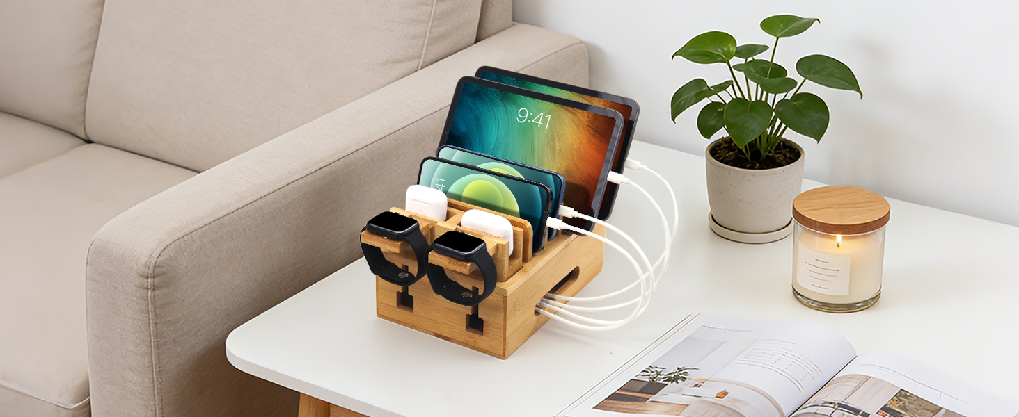 Bamboo charging station organizer for multi devices