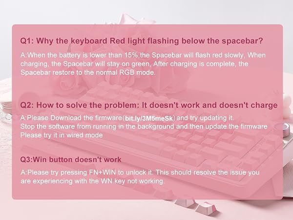 Text reads 'Q1: Why the keyboard Red light flashing below the spacebar?' 'Q2: How to solve the problem: it doesn't work and doesn't charge' 'Q3:Win button doesn't work'. Pink-tinted technical support or troubleshooting interface.