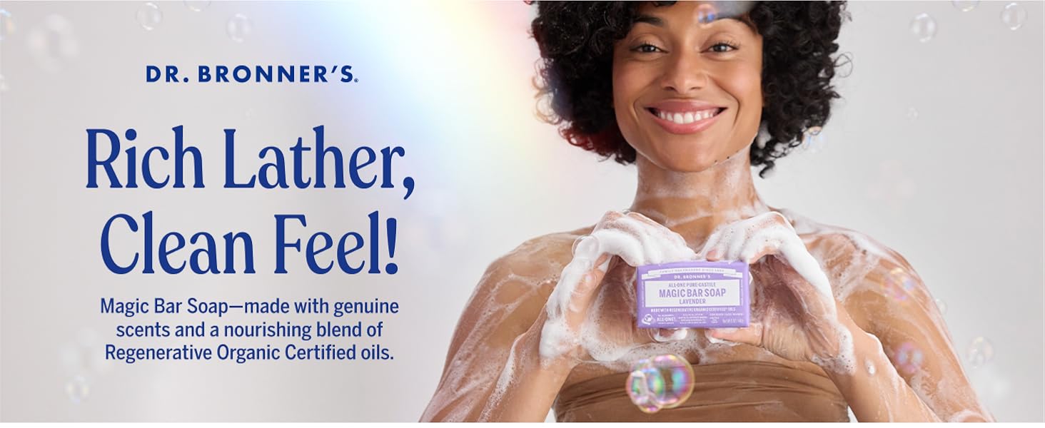 Dr. Bronners Magic Bar Soap, nourishing blend of organic oils leaves skin fresh and renewed.