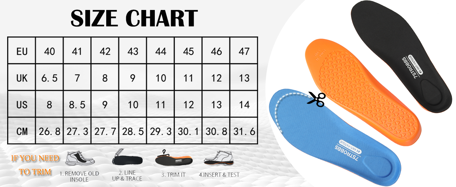 Shoe size conversion chart with three insoles in orange, blue, and black colors, displaying EU, UK, US, and CM measurements.