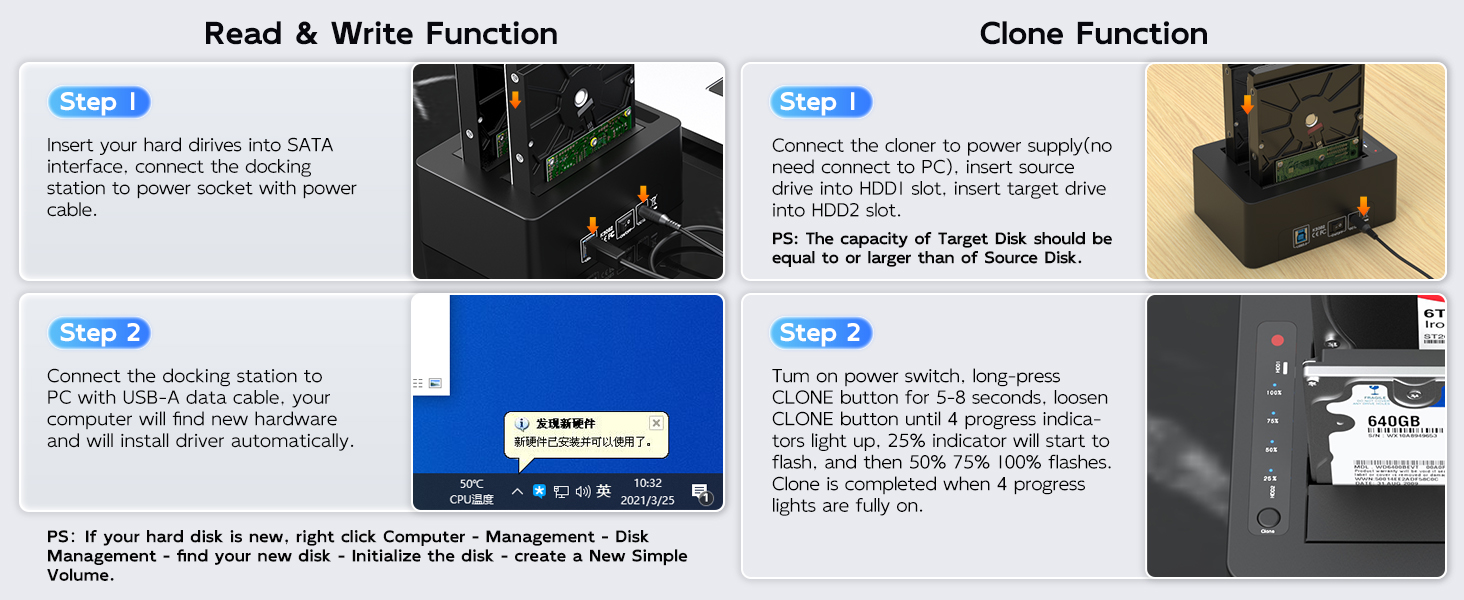 Hard Drive Docking Station Dual Bay for 2.5 3.5 SATA HDD SSD UASP Offline Cloner Duplicator holder