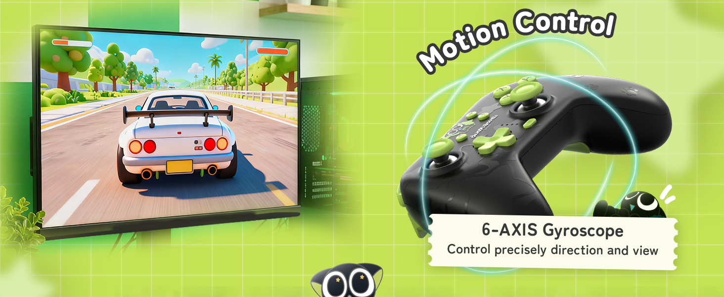 Text reads: '6-AXIS Gyroscope', 'Motion Sensor'. Product demonstration showing remote control functionality with multiple viewing angles.