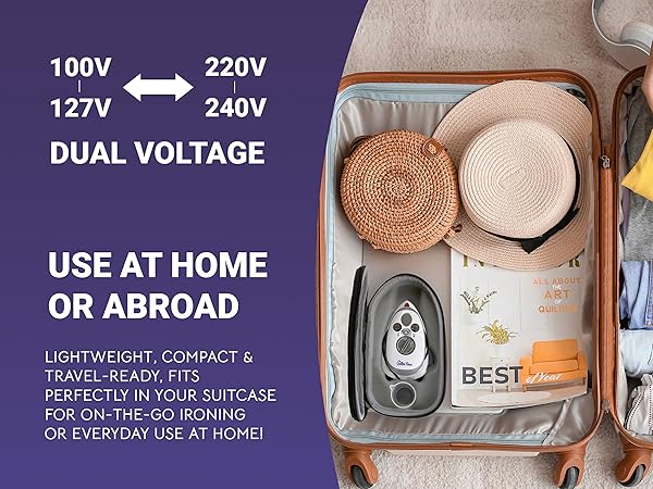 Dual voltage travel iron packed in suitcase with hats. Compact, lightweight design for on-the-go use. Supports 100V-127V and 220V-240V for home or abroad use.