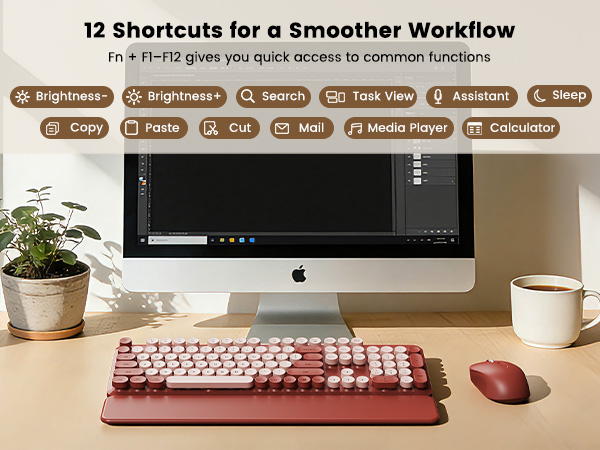 Burgundy retro keyboard and mouse with 12 shortcut keys for smoother workflow.