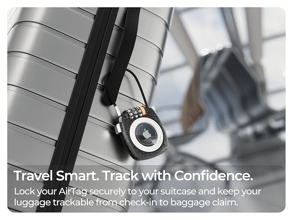 Lockable AirTag holder secures suitcase tracking for airports, baggage claim, and travel protection.