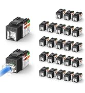 VCELINK RJ45 Cat6 Keystone Jacks 25 Pack with Dust Cover, Black | Slim Profile, 90-Degree Punch D...