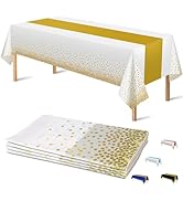 OHOME 4 Pack Disposable Plastic Table Cloths for Parties,White and Gold Rectangle Table Covers fo...