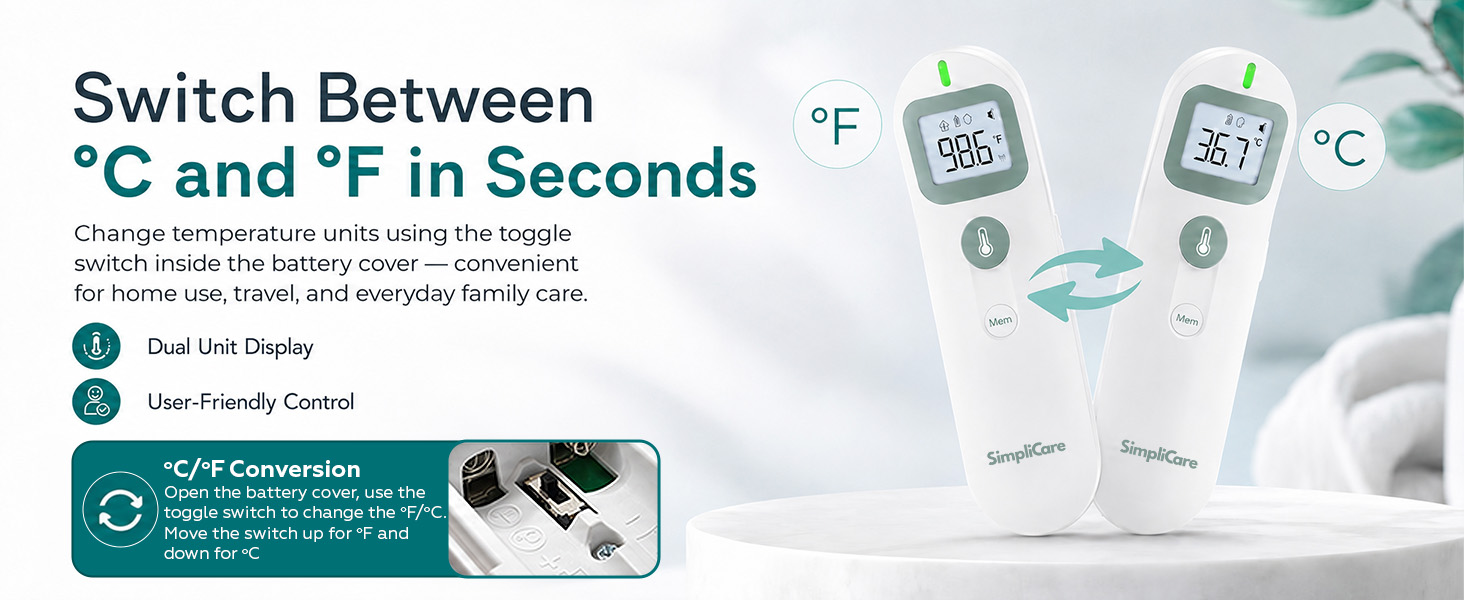 SimpliCare FC-IR206 infrared thermometer with forehead and object mode features