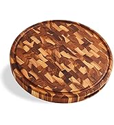 Sonder LA, End Grain Teak Board 15" Round 1.5" Thick Wood Cutting Board with Juice Groove and Bui...