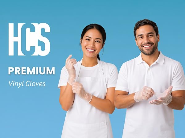 two smiling professionals in white uniforms putting on gloves