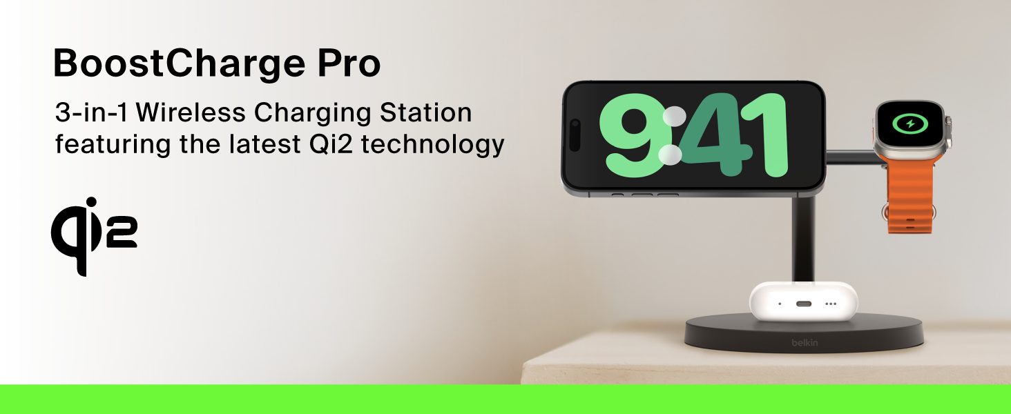 Image of belkin 3 in 1 charging station on a table with text reading boostcharge pro