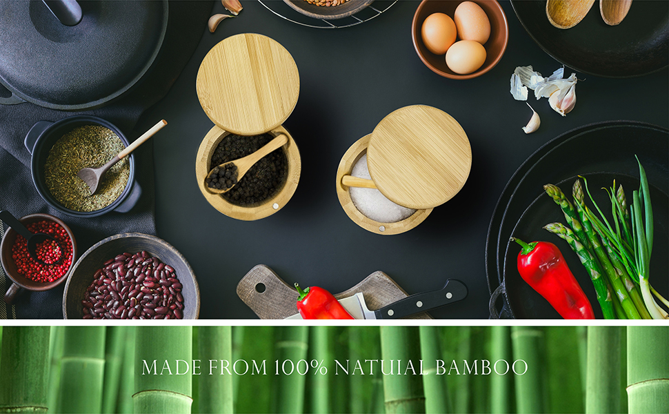 Salt and Pepper Bowls Bamboo Pepper Salt Box with Swivel Lid and Spoon Pepper and Salt Cellar