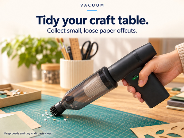 Handheld mini vacuum collecting small paper scraps from a cutting mat on a craft table
