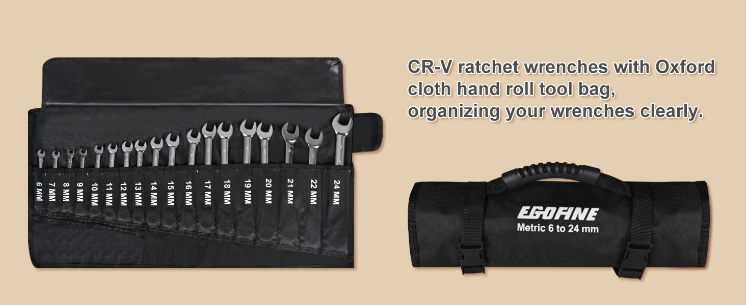 CR-V ratchet wrenches with Oxfordcloth hand roll tool bag,organizing your wrenches clearly.
