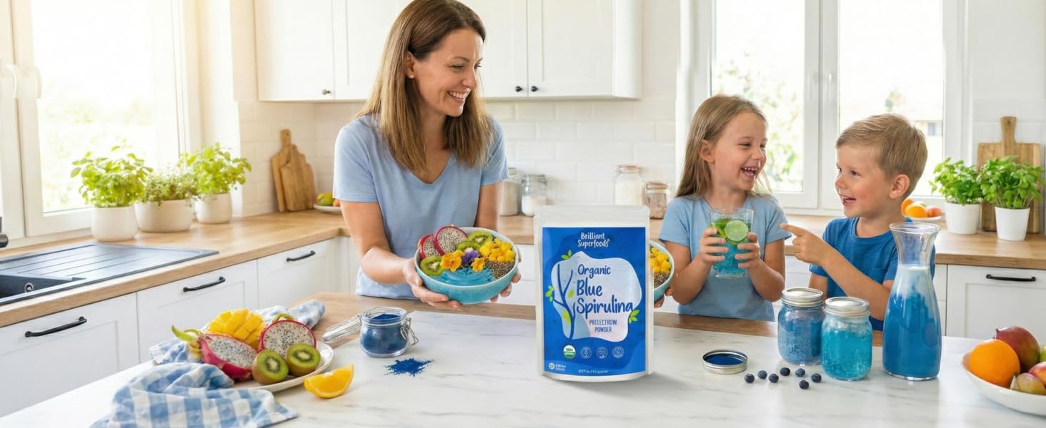 Mom & kids making Organic Blue Spirulina smoothie bowls and blue drinks with Ellie's Best