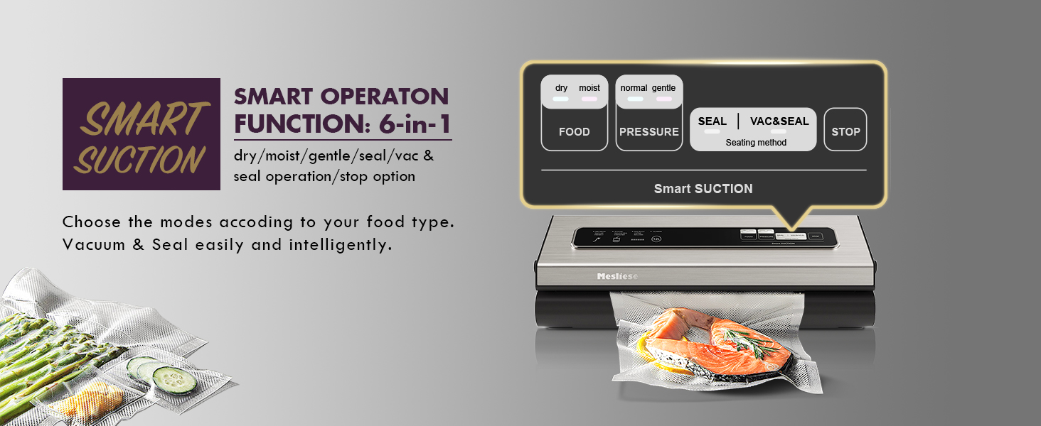 Vacuum sealer machine with smart operation function. Control panel shows multiple sealing modes. Image includes vacuum-sealed food package with fresh vegetables.
