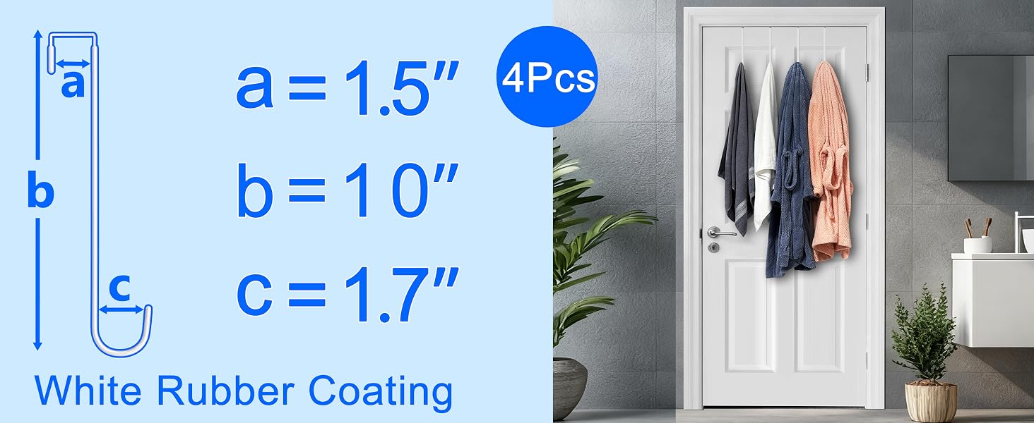 Two bath towels and two bathrobes hang from four hooks on bathroom door with hook size