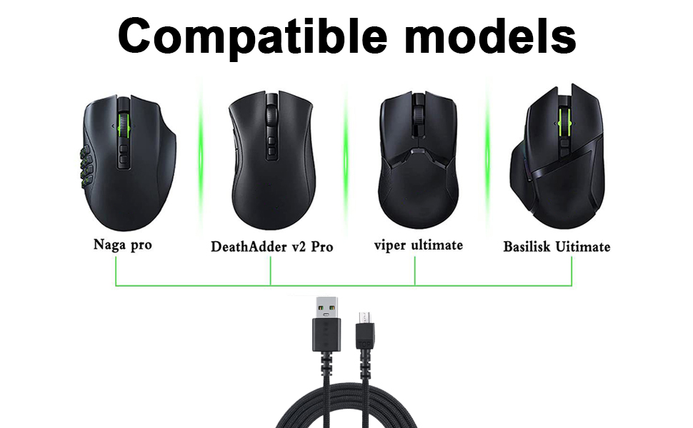 Four black computer mice models displayed with green accents, labeled as compatible. USB cable shown below.