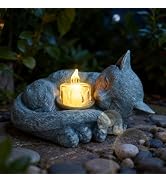 Sleeping Cat Candle Holder Statue Realistic Resin Cat Figurine with Candle Tray Outdoor Garden De...