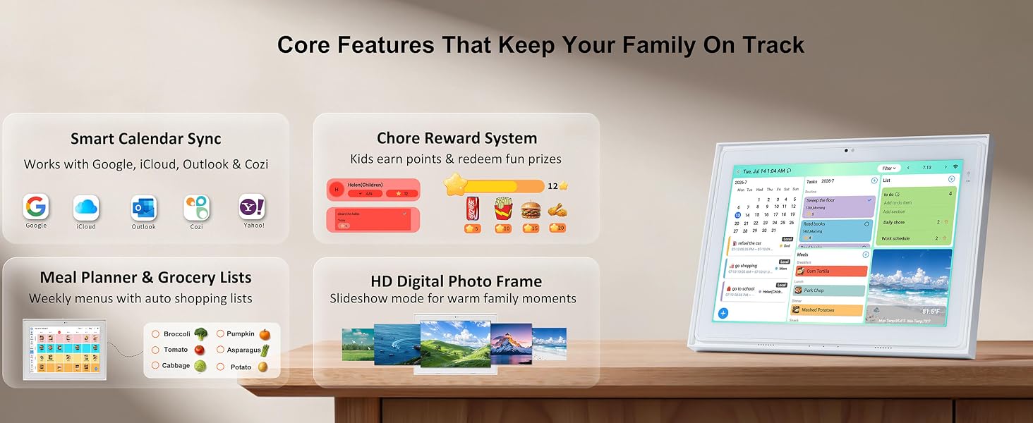 Four feature cards beside digital calendar showing calendar, chore, meal and photo functions