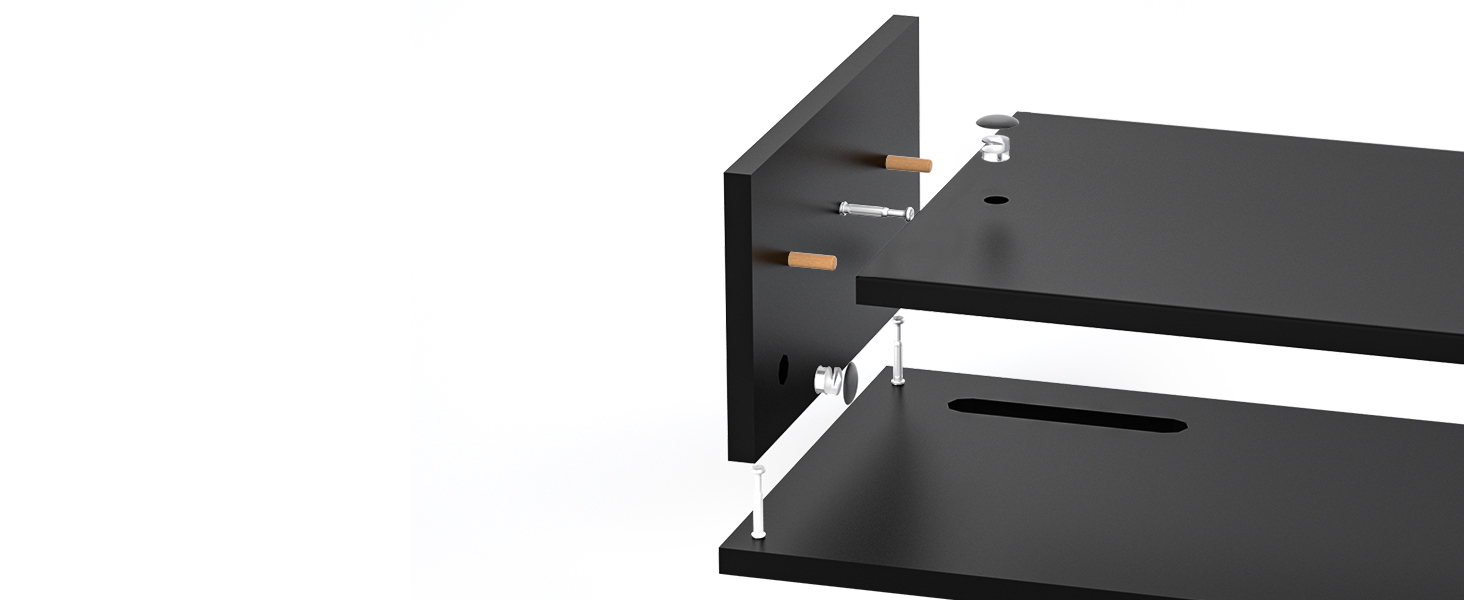 Close-up of a black floating shelf or desk with a hidden compartment or drawer, showcasing its sleek design and storage functionality.