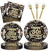 96Pcs 50th Happy Birthday Tableware Set Black Gold Disposable Paper Plates and Napkins with Forks...