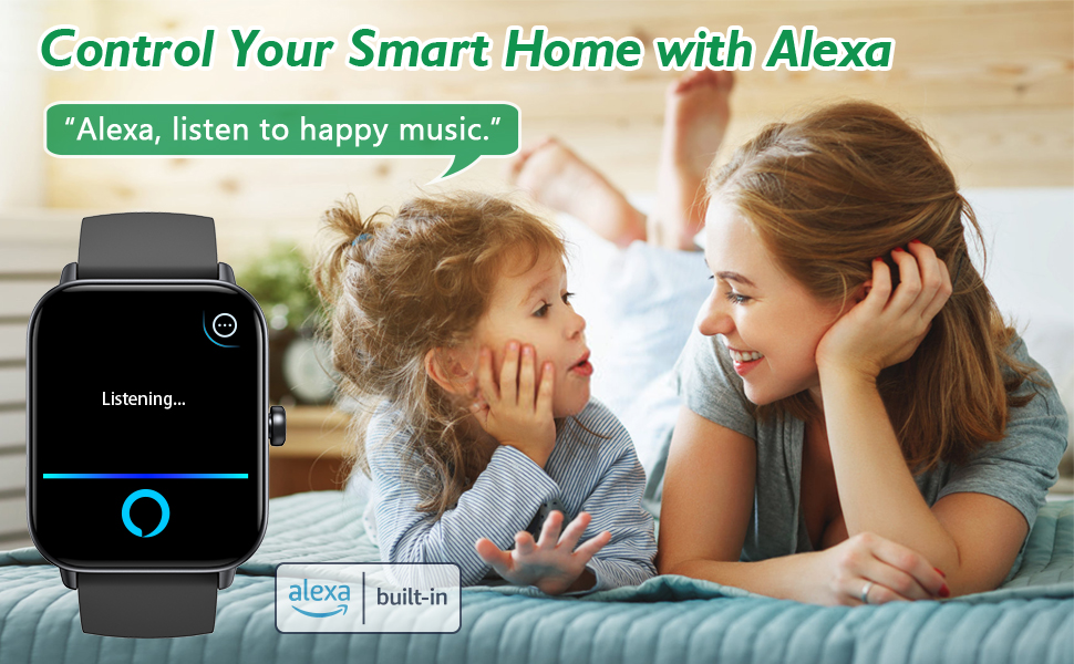 Smartwatch displaying Alexa interface with blue listening indicator. Text overlay shows 'Control Your Smart Home with Alexa' and 'Alexa, listen to happy music.'