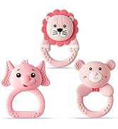 Silicone Teething Toy for Babies - 2ooya 3Pcs Pink Bear Lion Elephant Food Grade Rattle Teether I...
