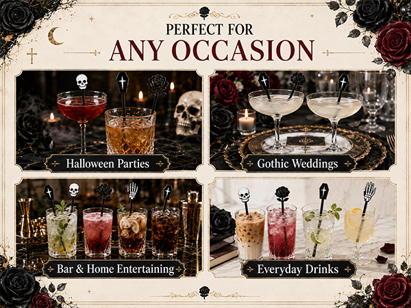 36-Piece Halloween Cocktail Stirrers, 7.1 in, 4 Gothic Designs for cocktails,punch and party bars