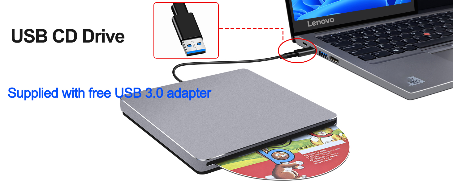 This nolyth external usb 3.0 type-c cd/dvd drive comes with a free USB 3.0 adapter for USB computers