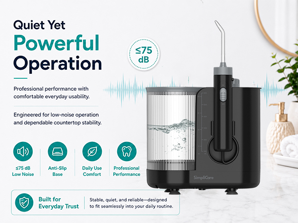 SimpliCare FC1761 countertop water flosser with 10 pressure levels, 600ml tank and 8 tips.