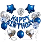 WEIKA 27 Pcs Blue Silver Birthday Decorations, 3D Letters Blue Happy Birthday Balloon Banner, Pen...